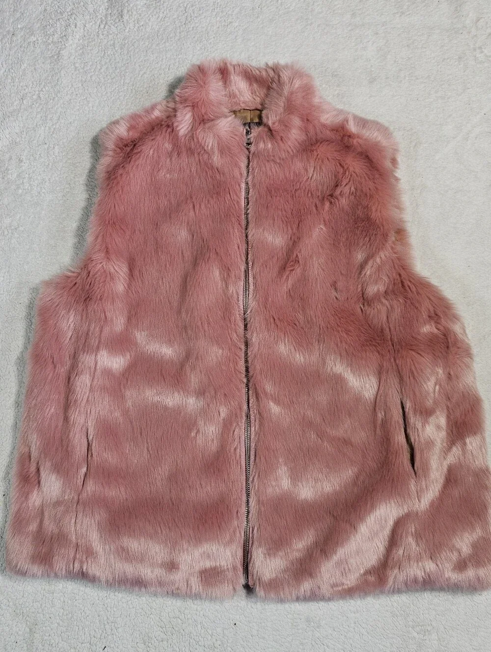J Crew Faux Fur Furry Vest Vegan L Full Zip Women’s Rose Plush Pink.